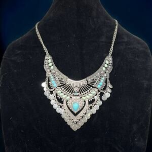 Bohemian Statement Bib Necklace Silver Turquoise Mint Tribal Coin Festival 22.5"